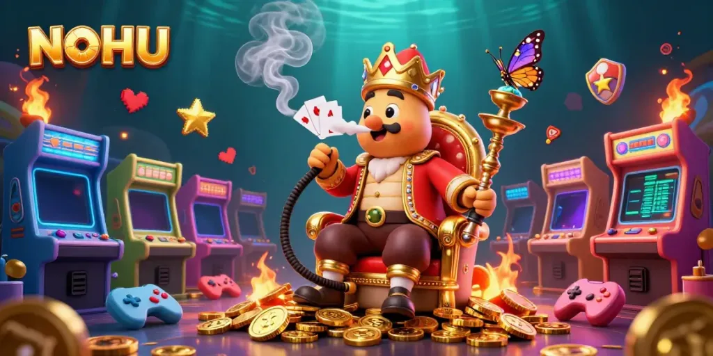 Engage with NOHU in a vibrant 3D casino realm filled with dynamic gaming elements and colorful characters.
