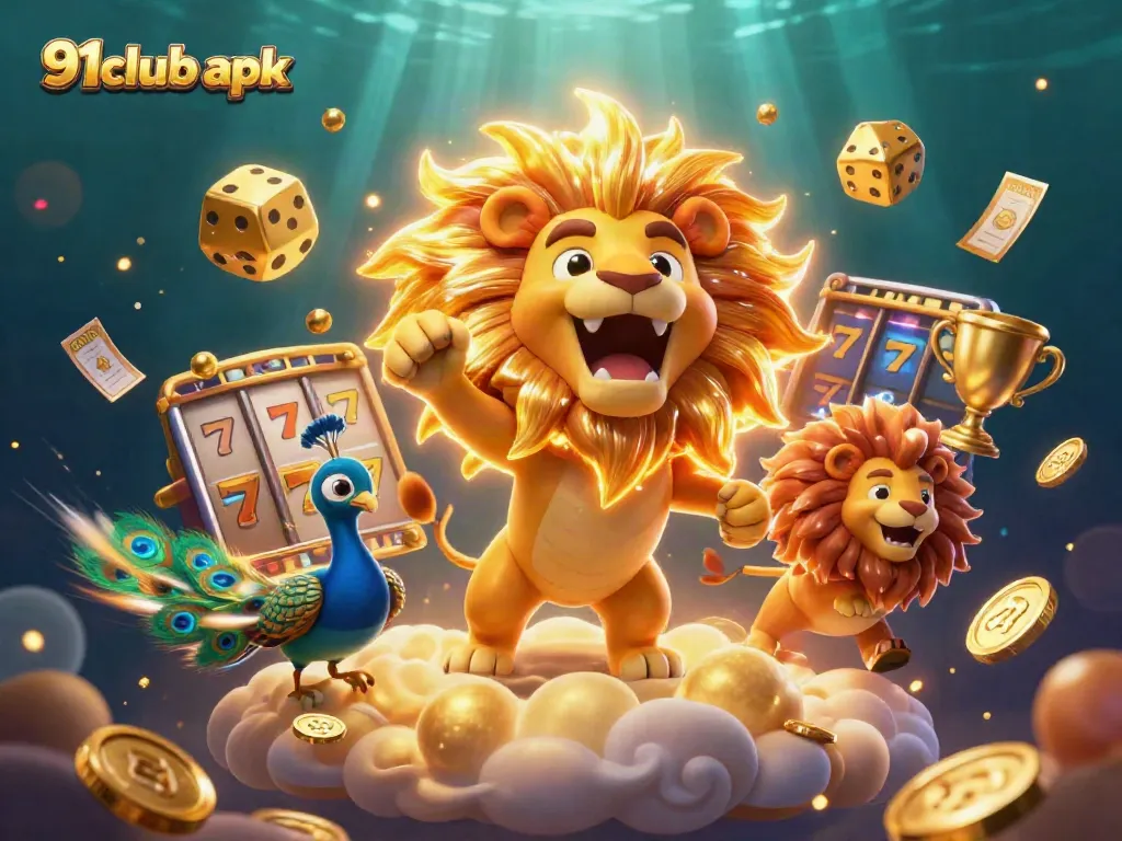 Play 91club apk in a vibrant 3D casino scene featuring a roaring lion and golden elements.