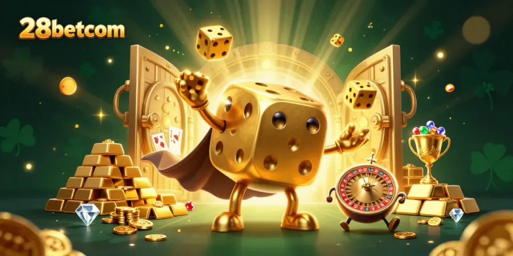 Experience immersive gaming with 28betcom's vibrant 3D casino illustration featuring golden dice and treasures.