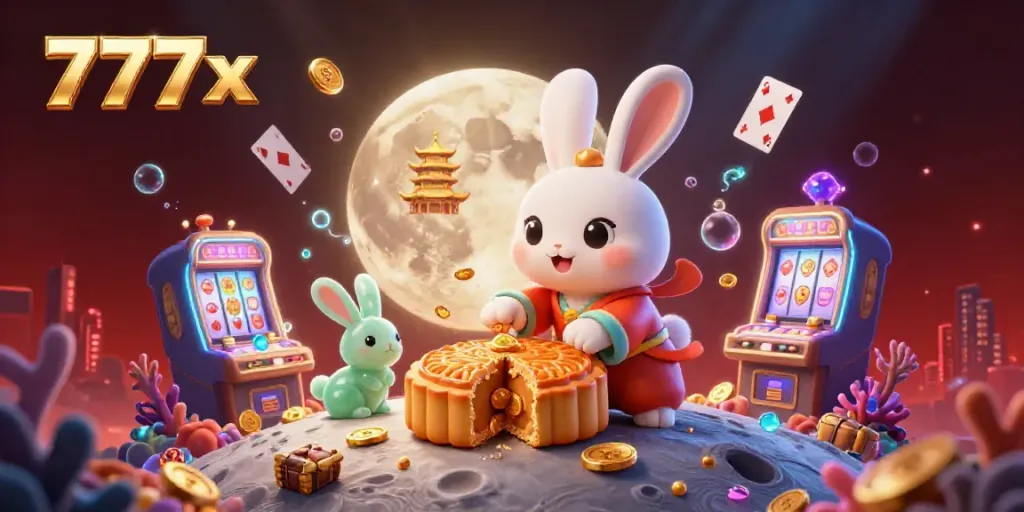 A vibrant 3D illustration showcasing moon rabbit characters and casino elements to depict the playful gambling experience of 777x.