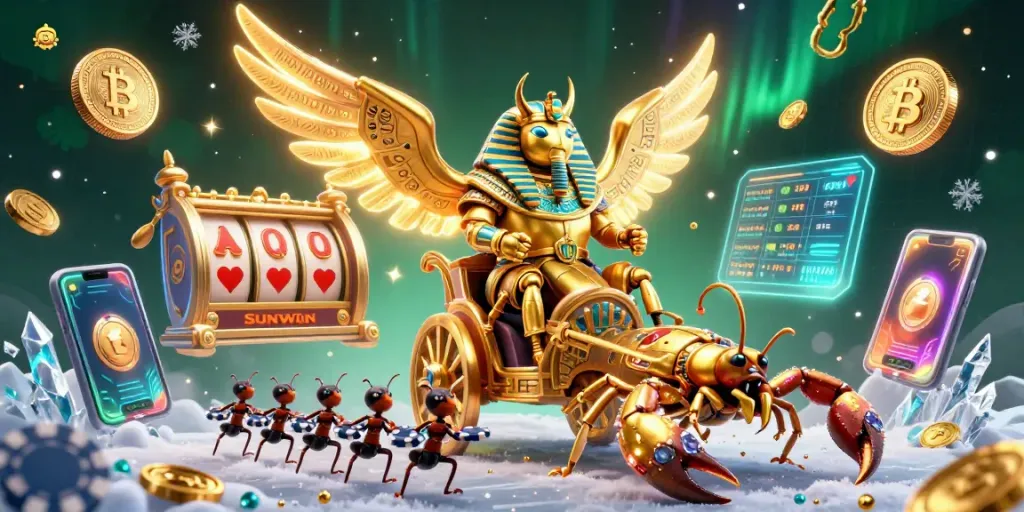 SUNWIN players engage with a vibrant casino scene featuring a golden scarab beetle and glittering coins.