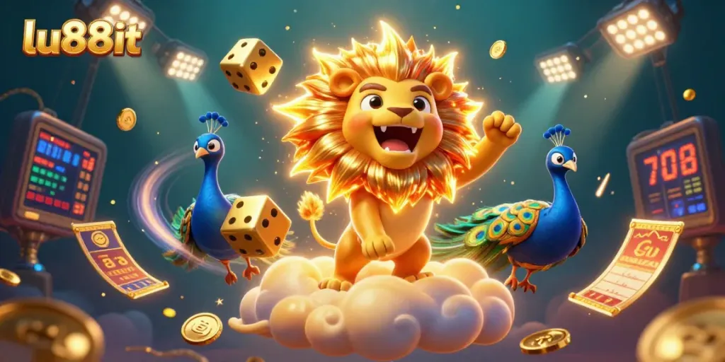 Betting on slots with lu88it, featuring a sun lion and dazzling golden elements.