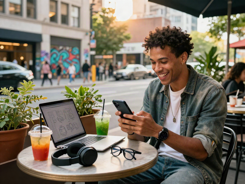 Urban lifestyle with ai slut, confident individual enjoying café with tech gadgets, vibrant city background.