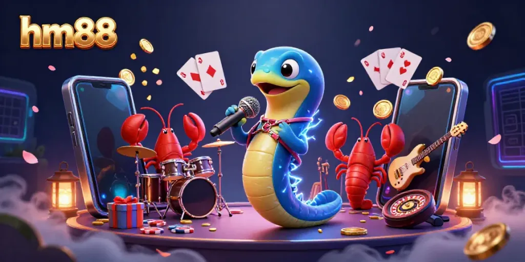 hm88 showcases a vibrant underwater casino scene with a DJ eel, drummer lobster, and guitarist seahorse amidst dynamic slot game elements.