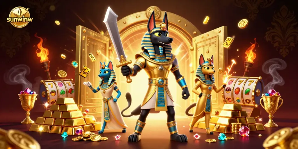 Spin reels of fortune with the sunwinw jackpot, featuring Anubis and treasures galore.