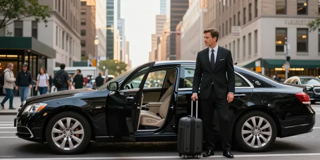 Experience excellence with car service from nyc through a professional chauffeur by a luxury sedan in a vibrant urban setting.