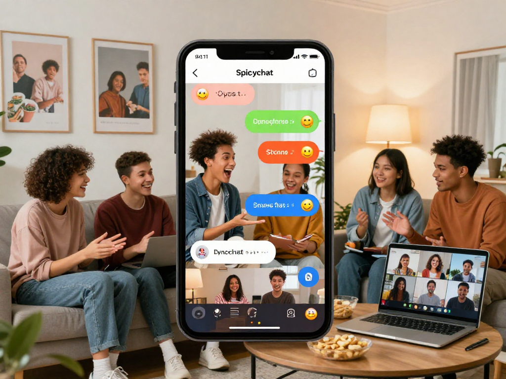 Engaging spicychat scene with friends interacting digitally in a cozy setting.
