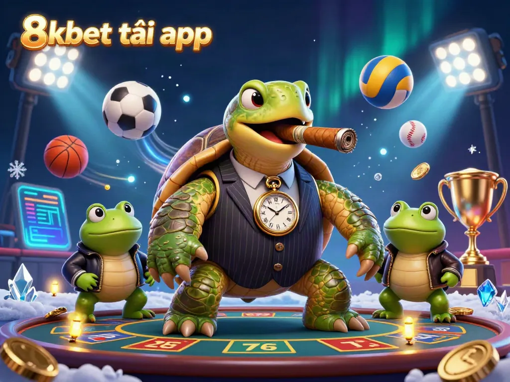 Engaging visual of the exciting "8xbet tải app" with a cartoon turtle and bullfrog enforcers at a dynamic sports casino event.