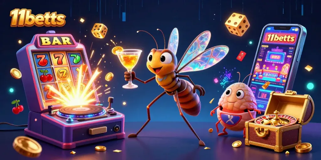 Explore thrilling casino adventures with 11betts featuring a unique 3D frozen-in-amber mosquito mascot and exciting game elements.
