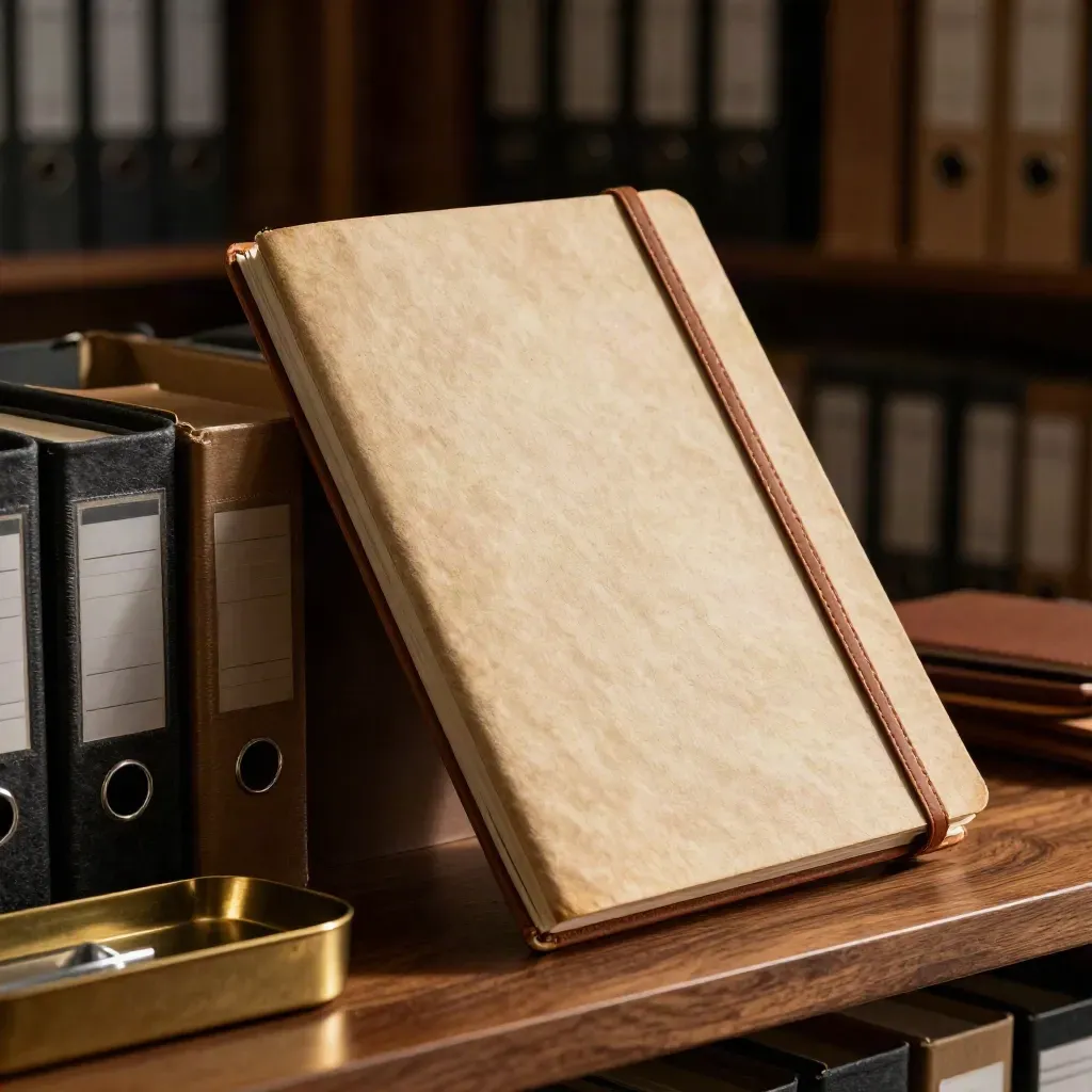 Brass tray, archive box and project notebook in a dramatic office still life.