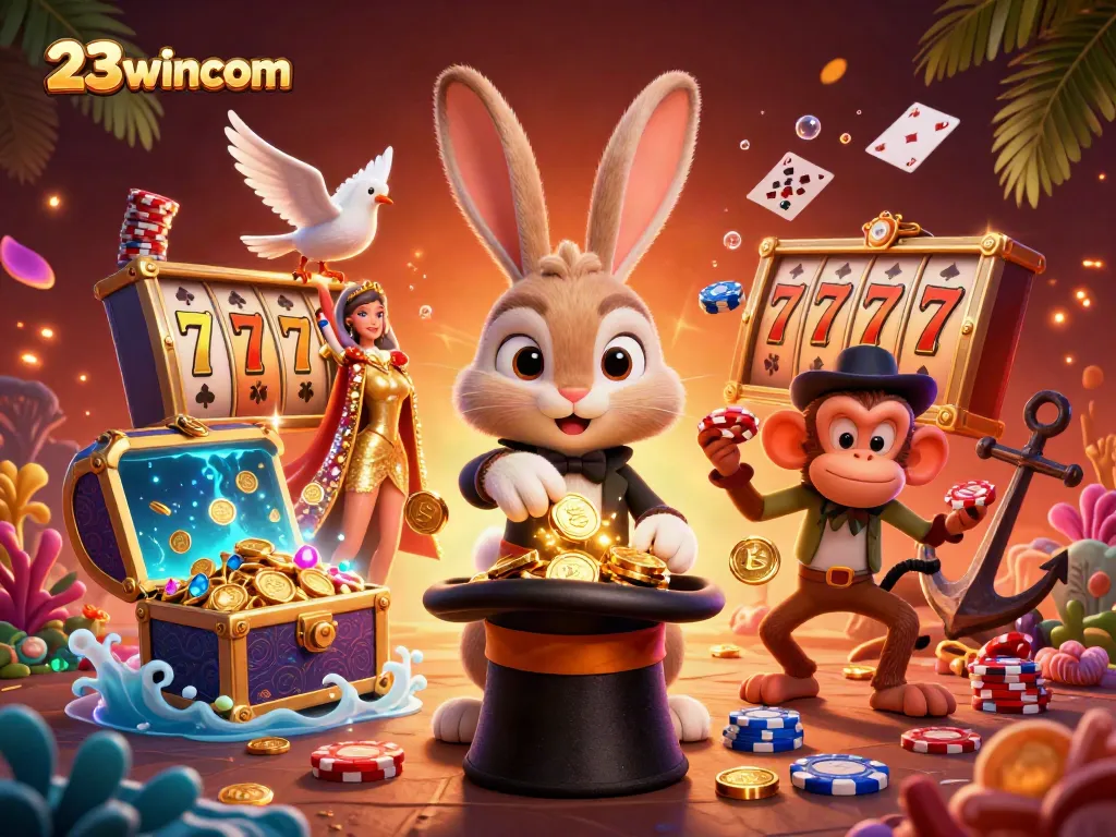 Experience the magic of 23wincom with a cartoon rabbit pulling coins from a hat surrounded by exciting casino elements.