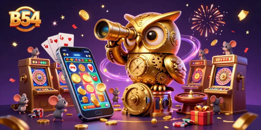 Engage in thrilling slot action with B54, featuring a whimsical golden owl and dynamic casino elements.