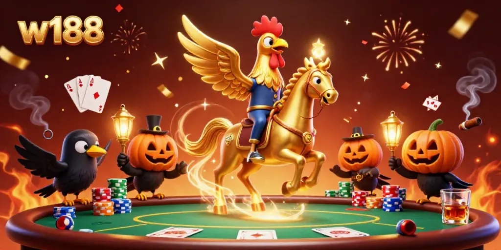 Embrace the excitement at w188 with a dynamic illustration of a golden rooster headless horseman amidst casino action.