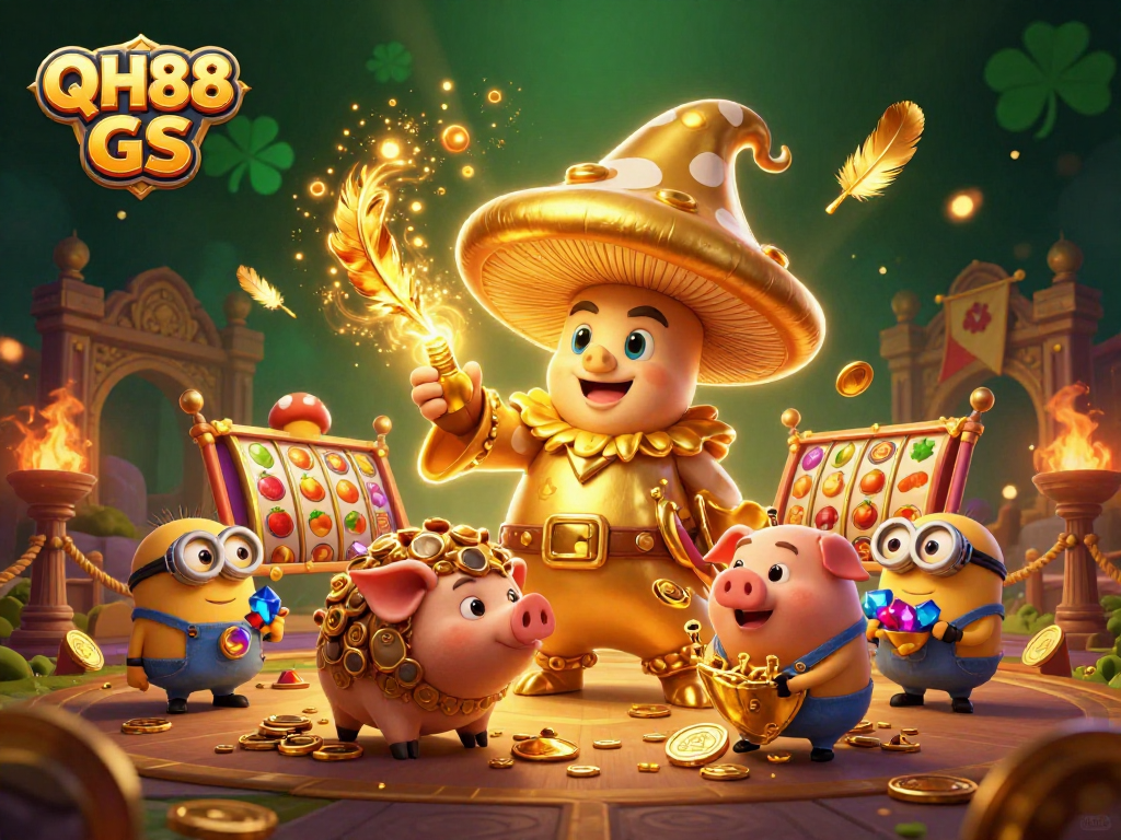 Experience the magic of QH88 GS with a golden wizard and treasure elements in an exciting casino scene.