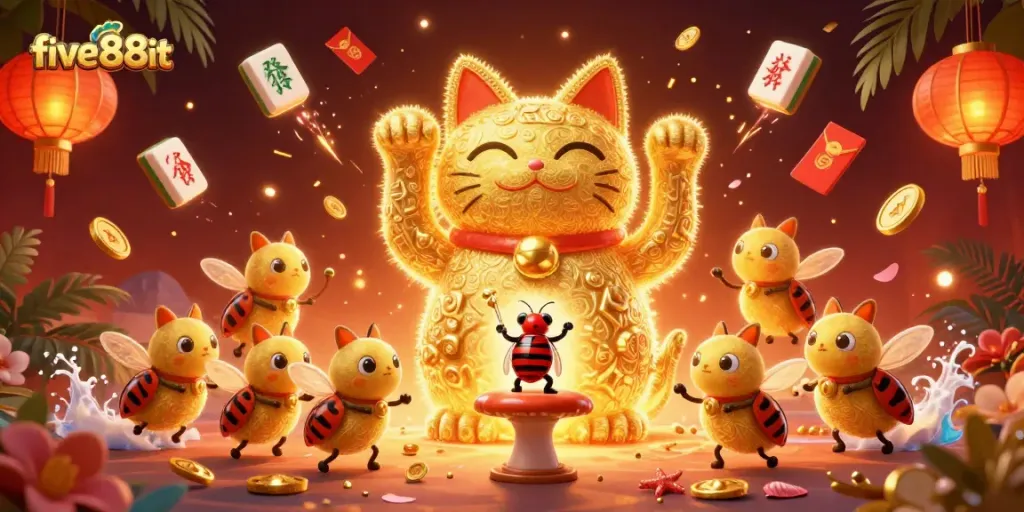 Engage with the vibrant five88it casino scene featuring a lucky cat and golden fireflies.