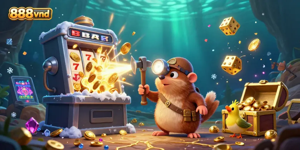 Engage with exciting 888vnd gaming adventures featuring a treasure hunter mole amidst vibrant casino elements.