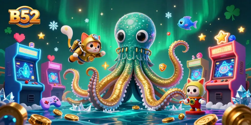 Engage with the iconic B52 kraken in a vibrant gaming universe filled with treasures and arcade elements.