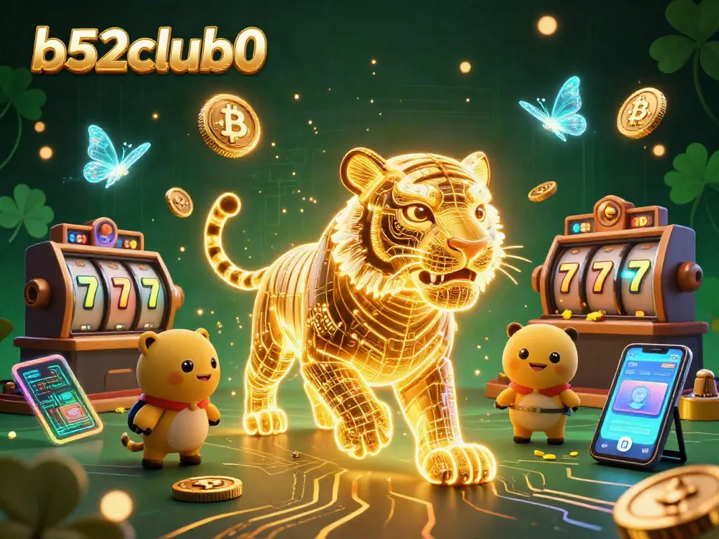 Engage with b52club0's vibrant digital casino featuring a neon-wireframe tiger and rich gaming elements.