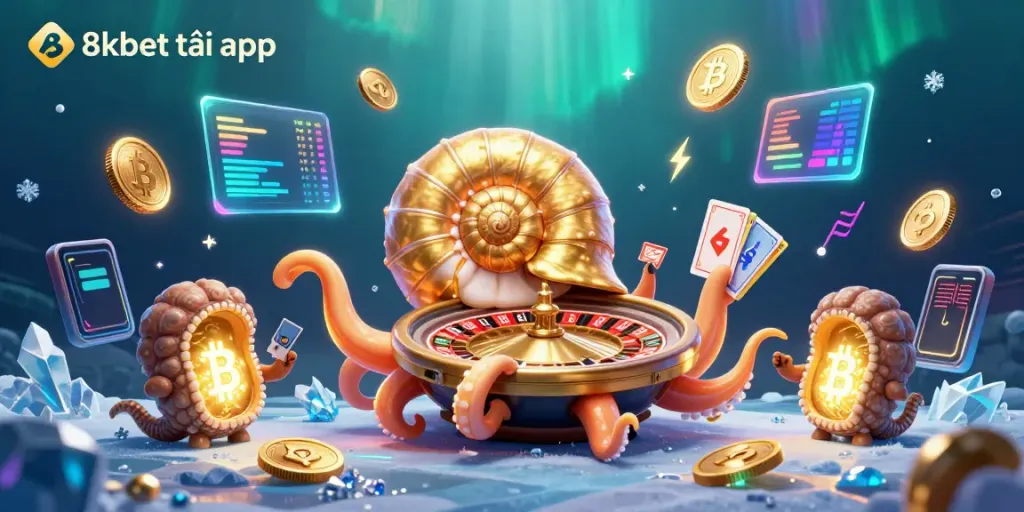 Experience casino gaming with 8xbet tải app in this vibrant 3D illustration featuring a giant roulette nautilus.