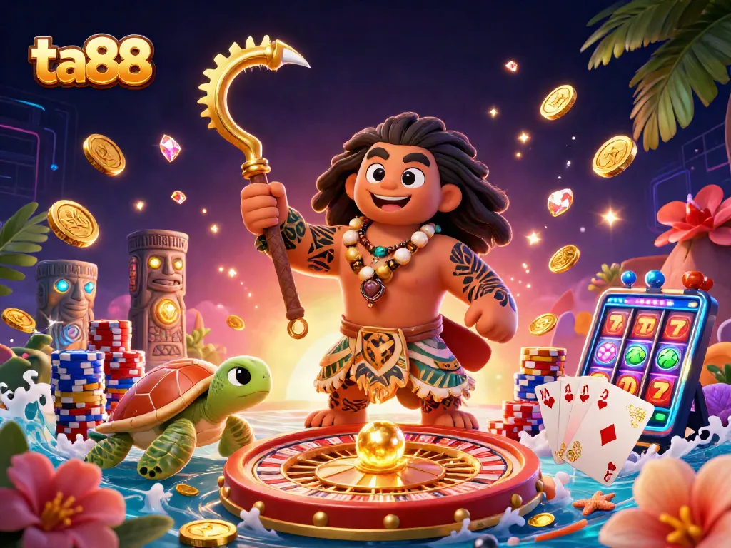 Win big at ta88 with vibrant casino-themed 3D illustration featuring characters and rich gaming elements.