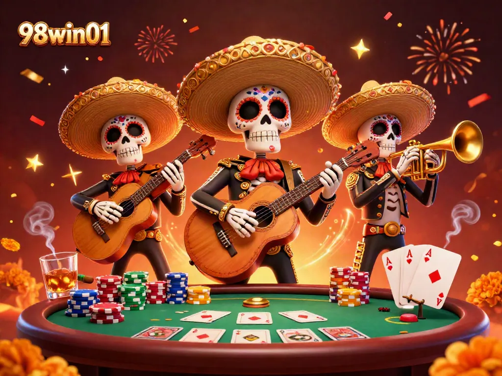 Engaging 98win01-themed illustration featuring a lively mariachi band amidst a poker scene.