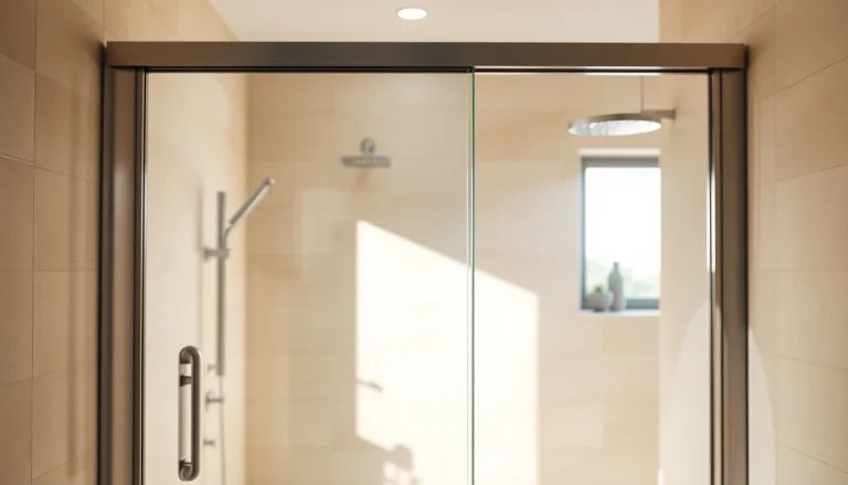 Showcase elegant shower sliding doors with a modern design in a beautifully lit bathroom setting.
