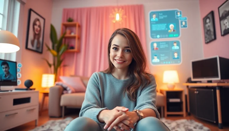AI girlfriend engaging in a friendly conversation in a cozy digital setting.