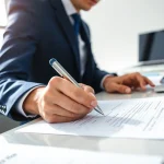 Person completing an eta uk application form with organized documents on a bright desk.
