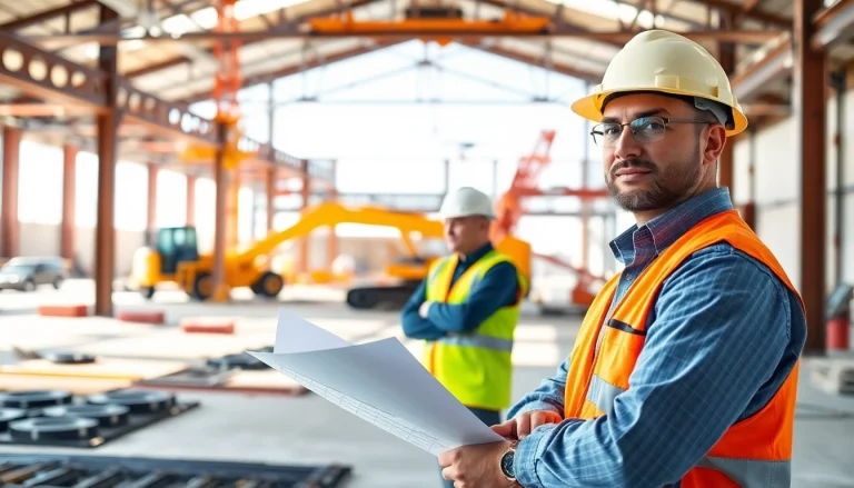 Engaged New Jersey Construction Manager reviewing plans on-site amid bustling construction activities.