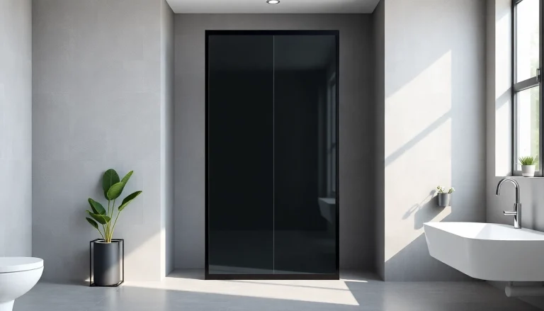 View of a modern black shower door elegantly positioned in a stylish bathroom, showcasing its sleek design.