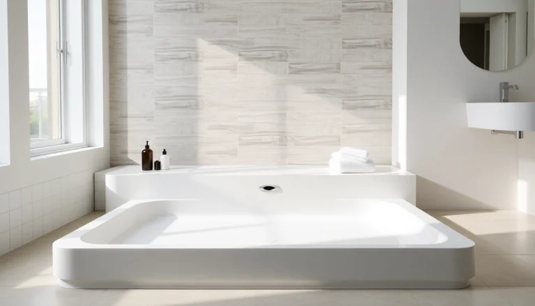 View elegant shower bases in a modern bathroom setting with stylish decor and natural light.