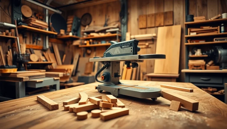 The table mitre saw in a professional woodworking workshop, showcasing precision cutting on wooden materials and a well-organized tool setup.