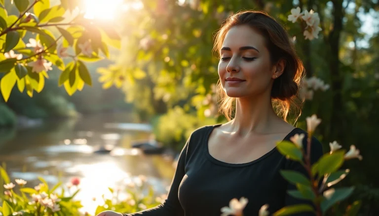 Promote mental wellness with a woman meditating peacefully in a serene outdoor setting.