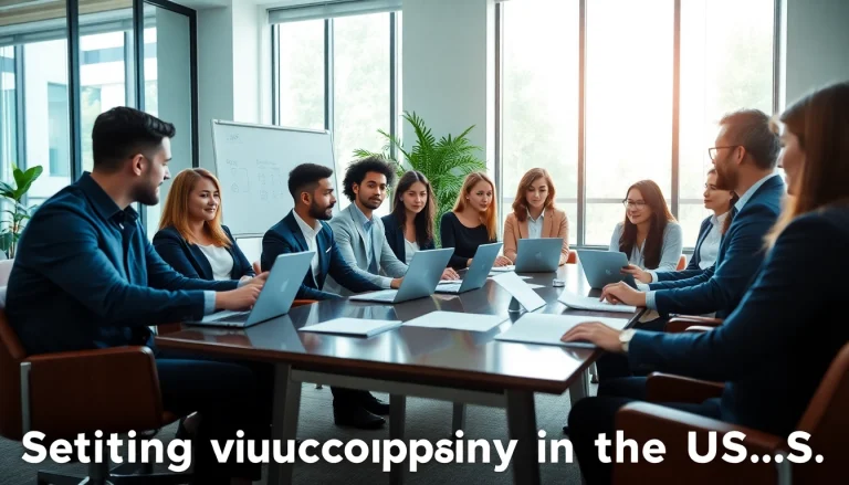 Set up a company in the US with an engaging diverse team in a modern office.