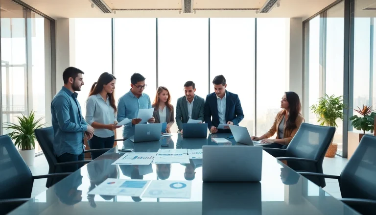 Setting up a company in the US: diverse professionals collaborating in a modern office environment.