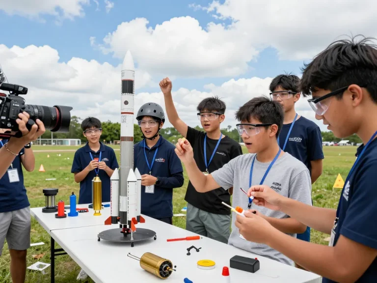 Students preparing model rocket motors for a launch during a STEM activity.