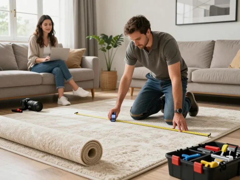 Professional carpet fitters near me installing stylish carpet in a cozy home living room.