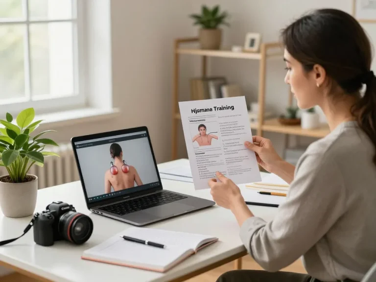 Engaging online hijama training session with instructor at a modern home office.