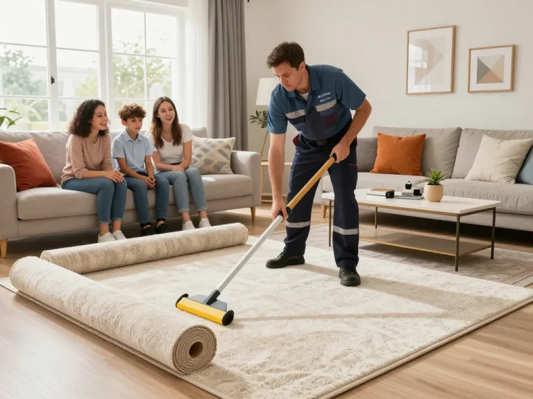 Professional carpet fitters near me installing stylish plush carpet in a modern living room.
