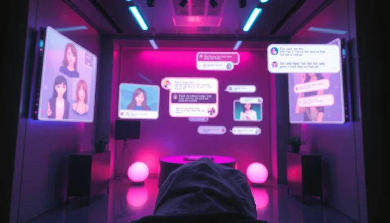 Futuristic NSFW AI chat interface illustrating vibrant avatars interacting in a sleek digital environment.