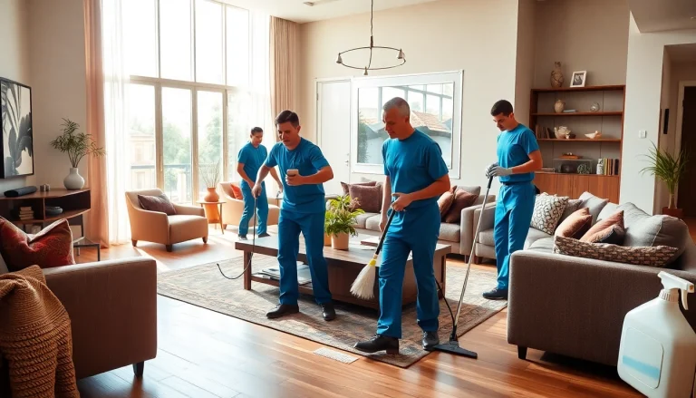 Efficient team providing cleaning services near me in a beautifully lit living room setting.