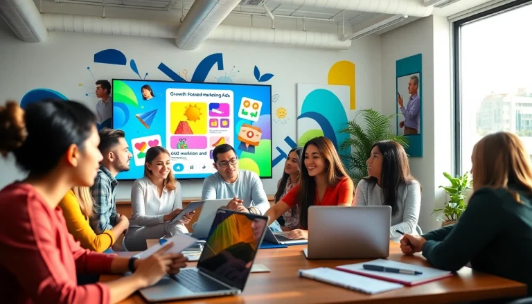 Team brainstorming vibrant social media ads in a dynamic workspace.