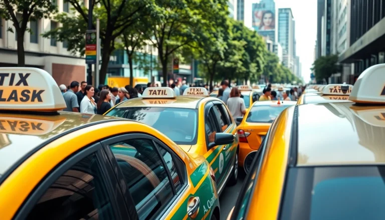 Cabs waiting for passengers in a vibrant urban setting with colorful advertisements.