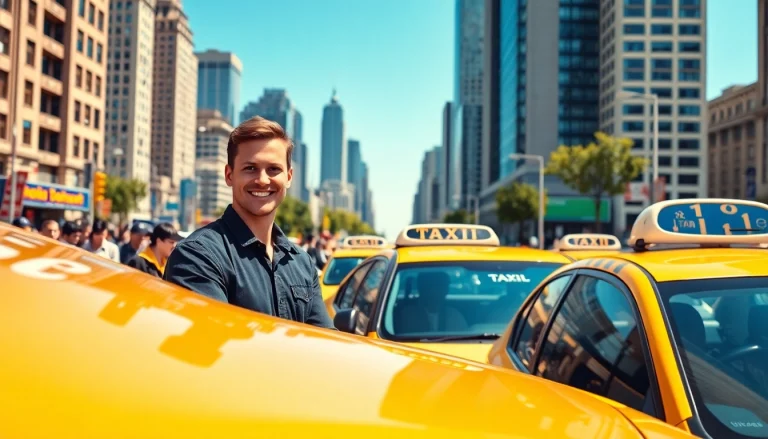 Cabs waiting at a busy city street corner with a friendly driver ready to assist.
