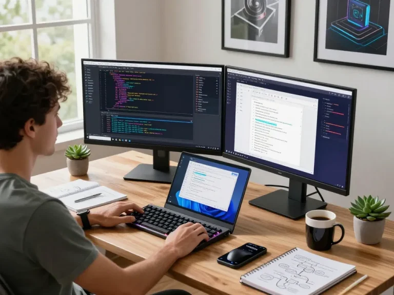 Developer engaging with clawdbot in a vibrant coding workspace, showcasing automation tools and productivity.