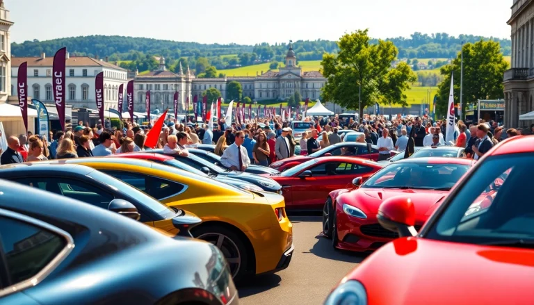 Egham car enthusiasts admiring various models during a lively showcase event.