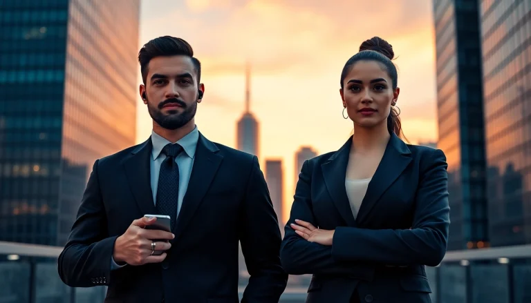 Bodyguards for hire demonstrating professionalism and readiness in an urban setting.