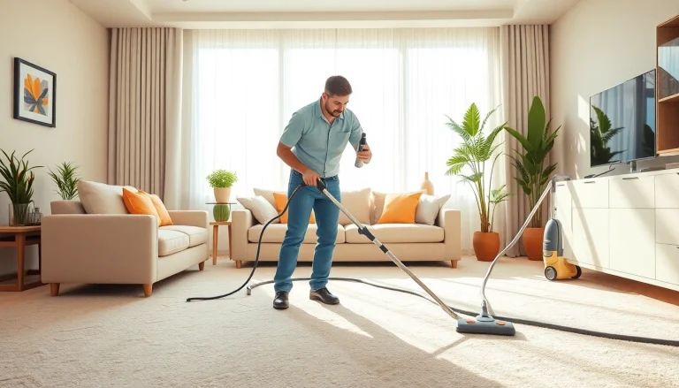 Carpet cleaning services in Glasgow showcased by a professional technician in a spotless living room environment.