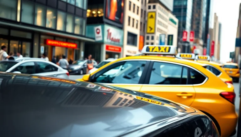 Taxis navigating a vibrant city landscape with bustling streets and modern buildings.