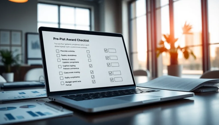 Visualize pre-post award compliance with a consultant working in an office setting with compliance documents.